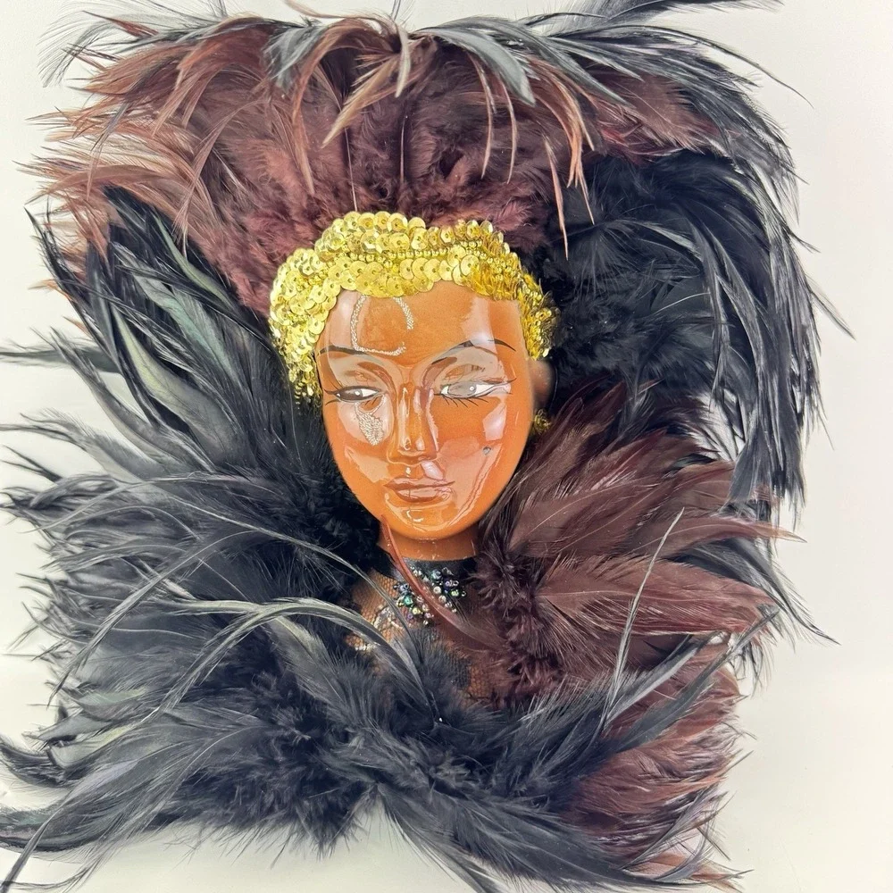 Vintage African American Porcelain Wall Mask Feather Headdress Black Queen